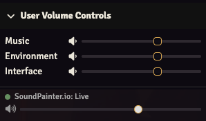 Foundry user volume controls panel showing a SoundPainter.io Live indicator below the music/environment/interface sliders