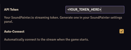 Foundry module settings panel showing the API Token input field and Auto-Connect checkbox